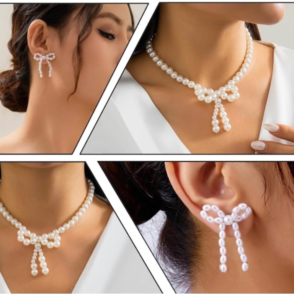 Pearl Bow Elegant Necklace & Earrings - Picture 3 of 5